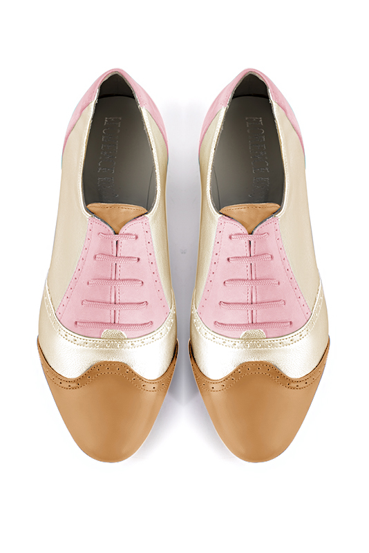 Camel beige, gold and light pink women's fashion lace-up shoes.. Top view - Florence KOOIJMAN
